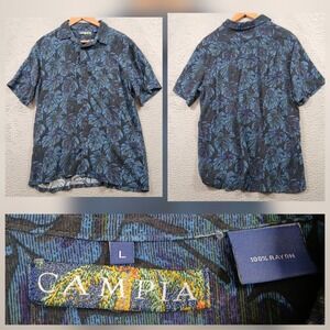 Campia Modello Hawaiian Shirt Mens L Blue Tropical Monstera Leaf Rayon Button Up